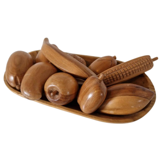 Vintage Fruitschaal Met Teakhouten Vruchten 1
