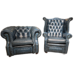 2 X Gave Engelse Chesterfield Fauteuils Jeans Blauw thumbnail 1