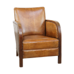 Unieke En Tijdloze Cognac-Kleurige Schapenleren En Houten Art Deco Design Fauteuil thumbnail 1