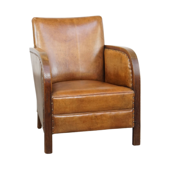 Unieke En Tijdloze Cognac-kleurige Schapenleren En Houten Art Deco Design Fauteuil 1