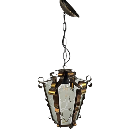 Art Deco - Lantaarn Hanglamp - Messing - Gesatineerd Glas 1
