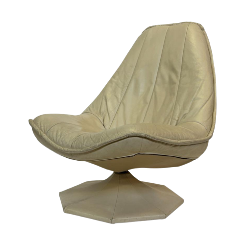 Vintage Draaifauteuil In Crème Leer Octagonal Poot 70'S