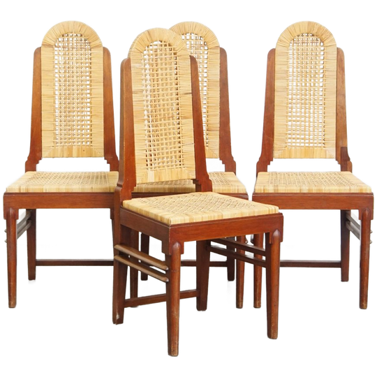 Mooie Set Van 4 Houten Art Deco Design Eetkamerstoelen Met Een Rieten Zitting En Rugleuning 1