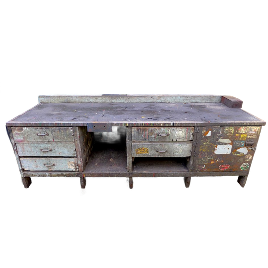 Prachtige Grote Industriele Vintage Toonbank Werkbank 1