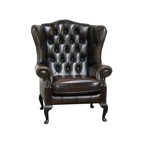 Comfortabele Donkerbruine Vintage Rundlederen Engelse Chesterfield Oorfauteuil