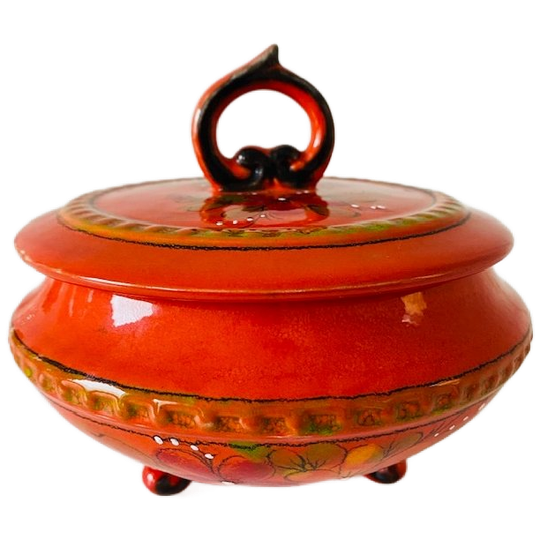 Vintage Portugese Handbeschilderde Oranje Keramische Pot Met Deksel 1970’s 1