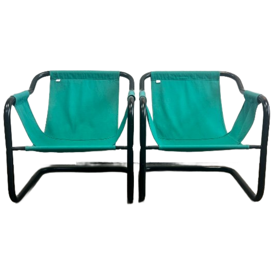 Tweetal Vintage Deense Fauteuils, Xcol, Zwart Staal Met Groene Stof, 1980’s 1