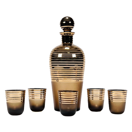 Boheems Art Deco Vergulde Karaf Met Glazen Door Podbira Brothers, Tschechische Republik, Jaren '20 1