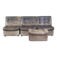 Grijze Vintage Lederen Elementen Design Bank 3 Elementen + Hocker