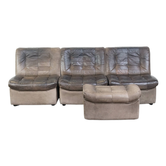 Grijze Vintage Lederen Elementen Design Bank 3 Elementen + Hocker 1