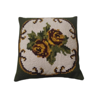 Vintage Geborduurd Kussen Beige Groen Gele Bloemen