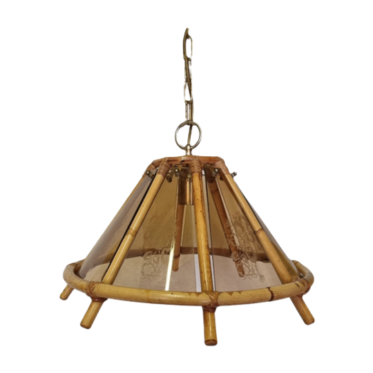 Vintage Bamboe Hanglamp Met Decoratief Glas Uit De Jaren 70 1