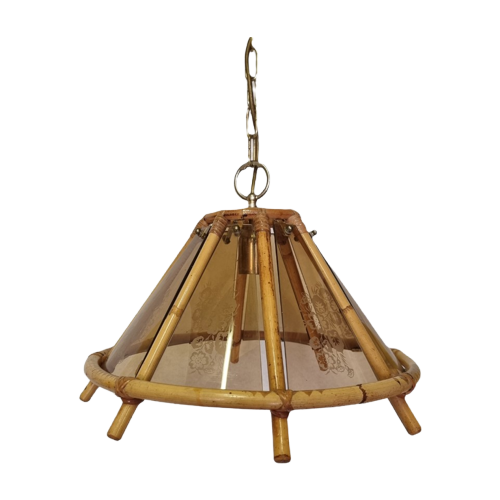 Vintage Bamboe Hanglamp Met Decoratief Glas Uit De Jaren 70