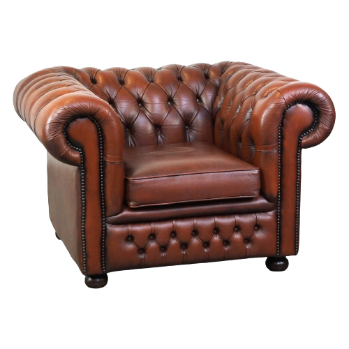 Mooie En Comfortabele Chesterfield Clubfauteuil Van Bruin/ Cognac Kleurig Rundleer