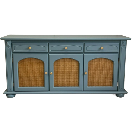 Prachtig Restyle Massief Dressoir Blauw & Rotan Wandkast 1