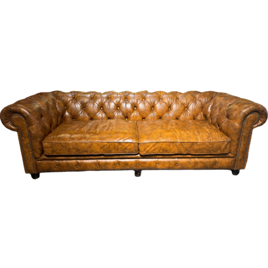 Stoere Industriële Vintage Chesterfield 3,5 Zits Bank In Vintage Cognac Leer 240 Cm 1