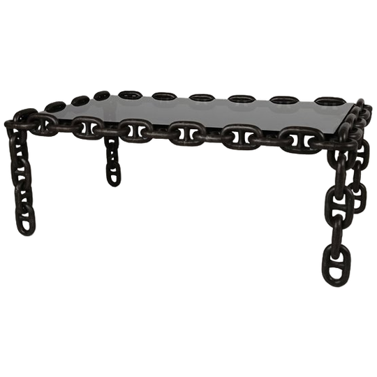 Vintage Brutalistische Zwarte Ijzeren Kettingschakel Salontafel Met Origineel Gerookt Glas, Jaren 70 1