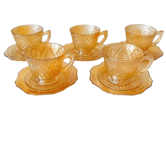 Vintage Set Kop & Schotels Jeanette Carnival Glas Perzik 1930’s 1