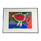 Corneille - Litho - Femme Et Oiseau Rouge - Ingelijst - 1998 thumbnail 1