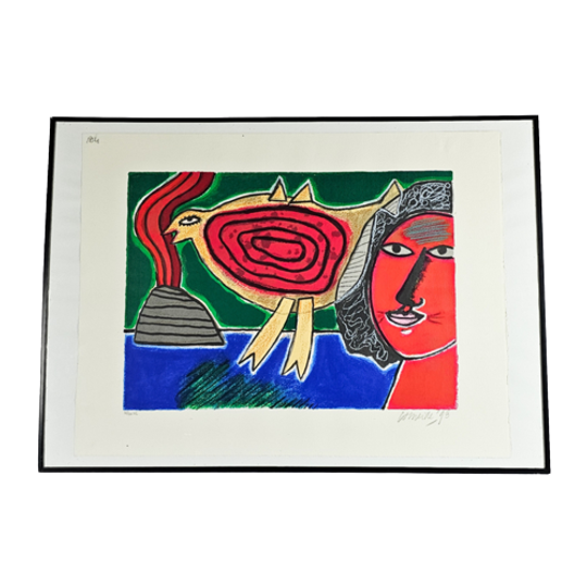 Corneille - Litho - Femme Et Oiseau Rouge - Ingelijst - 1998 1