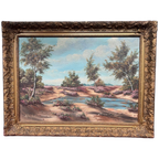 Landschap "Bloeiende Heide". Olieverf Op Doek. thumbnail 1