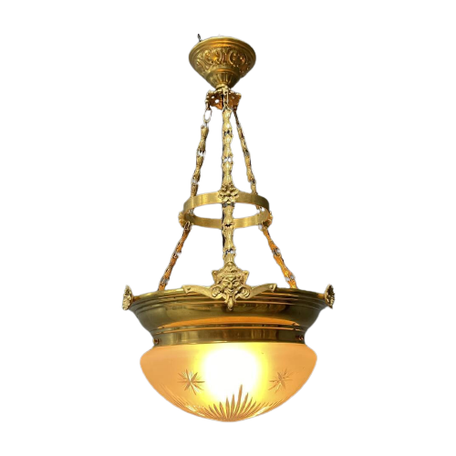 Grote Antieke Messing Hanglamp Met Geslepen Glas