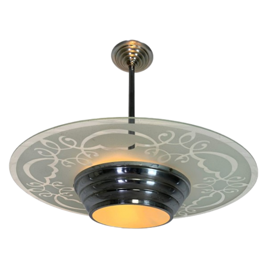 Art Deco Hanglamp Met Glazen Schijf, Jaren 30 1