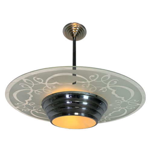 Art Deco Hanglamp Met Glazen Schijf, Jaren 30