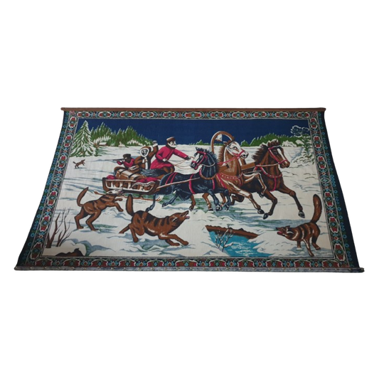 Groot Mid Century Pluche / Velvet Wandkleed Wolven Jacht 1