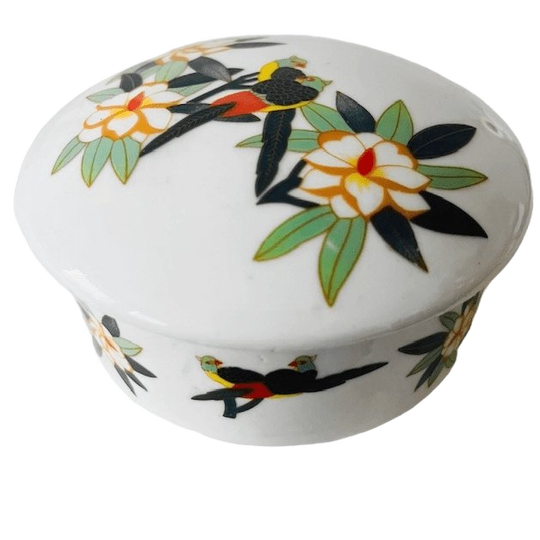 Vintage Oosters Sieradendoosje Porselein Bloemen & Papagaaien 1970’s 1