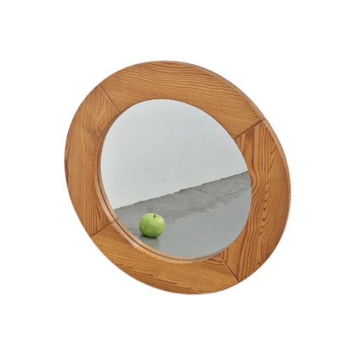 Vintage Pine Wood Rond Spiegel Scandinavisch Design ’70 Hout