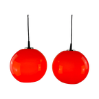 Pair Of Two Cherry Red Glass Peill & Putzler Pendant Lights thumbnail 1