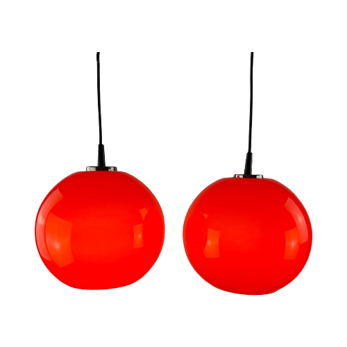 Pair Of Two Cherry Red Glass Peill & Putzler Pendant Lights