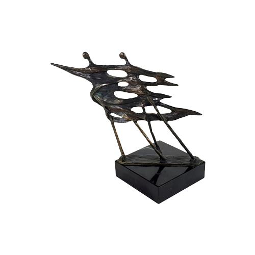 Beeld Brons - Sculptuur - Figuur - Voor De Wind - 22 Cm Hoog