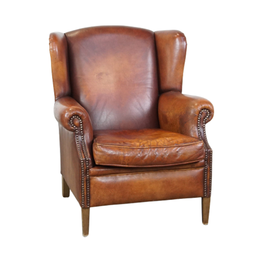 Comfortabele Vintage Engelse Stijl Schapenleren Oorfauteuil Met Een Prachtige Warme Kleurstelling 1