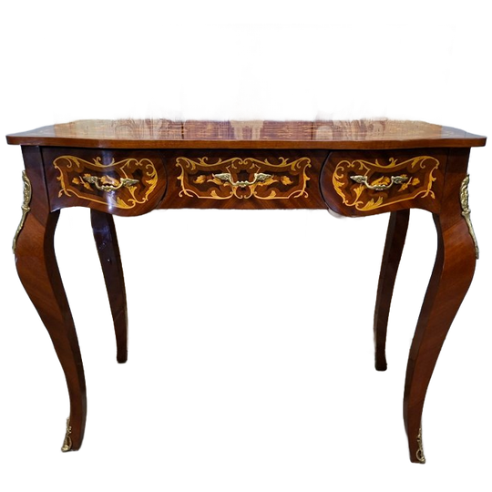 Antieke Barok Stijl Schrijftafel, Console Damesbureau, Kaptafel Met Inlegwerk Afm: 98x54cm En 79cm Hoog. 1