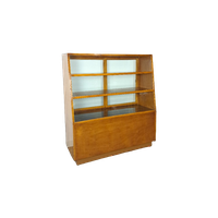 Fineer Toonbank, Winkel Vitrine Met Schuifdeuren, Vintage Vitrinekast