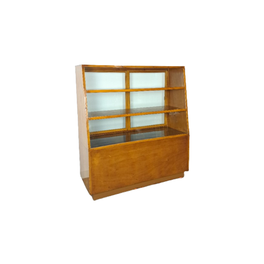 Fineer Toonbank, Winkel Vitrine Met Schuifdeuren, Vintage Vitrinekast 1