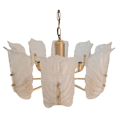 Large Mid-Century Eight-Arm Brass And Ice Glass Chandelier By Carl Fagerlund, 1960S