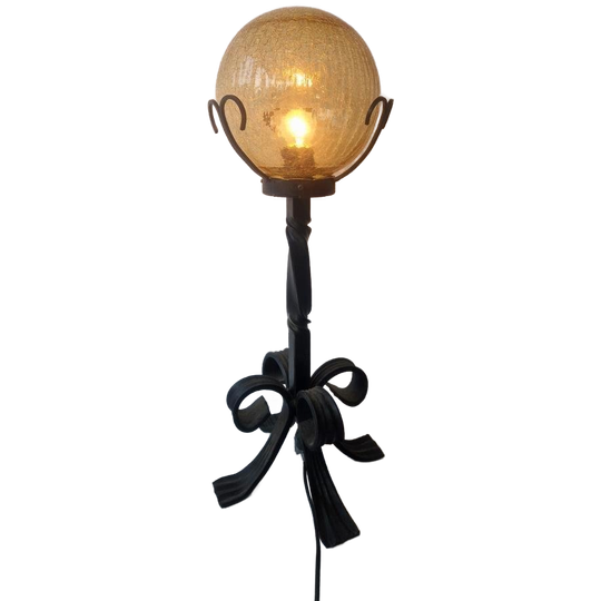 Vintage Brutalist Smeedijzeren Lamp Met Amber Kleurig Glas 1