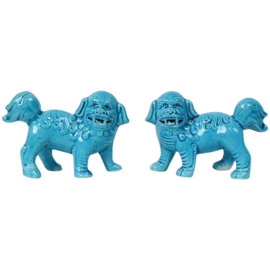 Koppel Blauwe Foo Dog Beeldjes Tempelleeuw Chinees Porselein 1