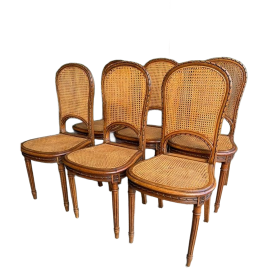 Set/6 Art Deco Webbing Stoelen Met Hout Snijwerk 1
