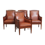 Statige, Luxe Set Van 4 Cognac Kleurige Rundleren Art Deco Design Fauteuils thumbnail 1