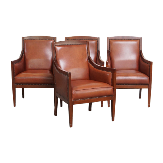 Statige, Luxe Set Van 4 Cognac Kleurige Rundleren Art Deco Design Fauteuils 1