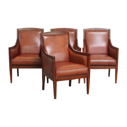 Statige, Luxe Set Van 4 Cognac Kleurige Rundleren Art Deco Design Fauteuils