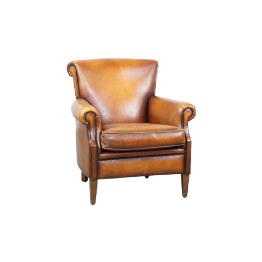 Karaktervolle En Comfortabele Cognac-kleurige Vintage Schapenleren Armchair 1