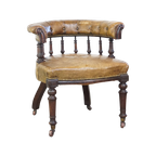 Antieke Engelse Rundleren Fauteuil/ Bureaustoel Gecombineerd Met Hout Op Originele Wieltjes Met E thumbnail 1