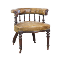 Antieke Engelse Rundleren Fauteuil/ Bureaustoel Gecombineerd Met Hout Op Originele Wieltjes Met E