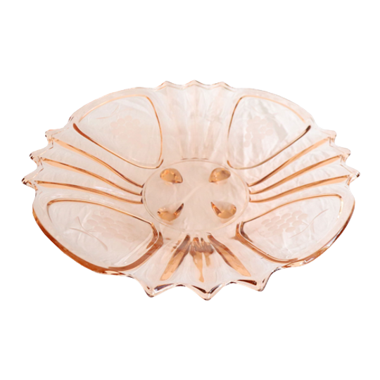 Vintage Fruitschaal In Zalmroze Glas Met Uitgeslepen Druif Motief, Jaren '50 1