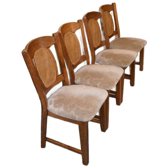 Set Van 4 Mid-century Eiken Eetkamerstoelen Met Webbing Rug En Beige Bekleding 1